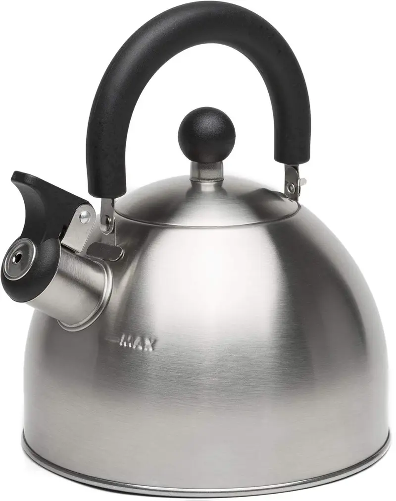 Stewart Whistling Stovetop Tea Kettle Food Grade Stainless Steel, Hot Water Fast to Boil, Cool Touch Folding, 1.5-Quart, Brushed with Black Handle