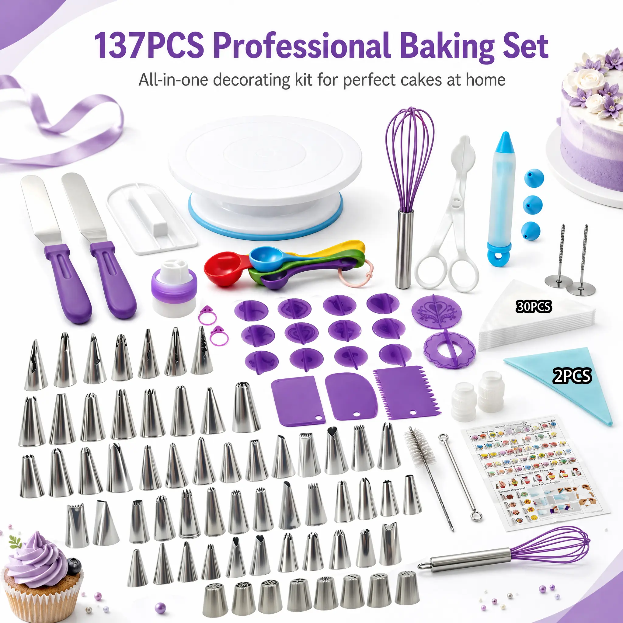 137 Pcs Cake Decorating Supplies Kit with Rotating Turntable, 58 Icing Tips, Piping Bags, Spatulas, Scrapers & Baking Tools Set for Beginners & Pros, Cake Decorating Set for Frosting, Birthday Cakes, Cupcakes Floral Smooth