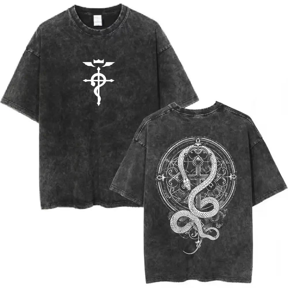 Anime Fullmetal Alchemist Edward Elric Alphonse Elric Vintage Washed Oversized Graphic Tee Retro Manga Streetwear Pure Cotton Loose Fit Y2k Casual Short Sleeve Top Urban Daily Festival Fashion Unisex Apparel For Men Women Adults