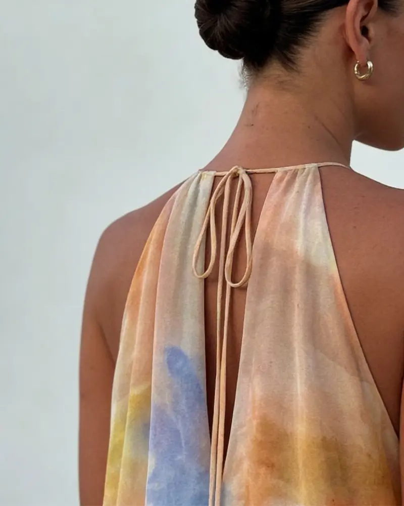 elegant moment multi watercolor tie-dye backless maxi dress One Shoulder Tie Dye Pleated Maxi Dress Women Hollow Out Backless Sleeveless Robes 2023 Summer Chic Female Evening Prom Vestidos As Show / M