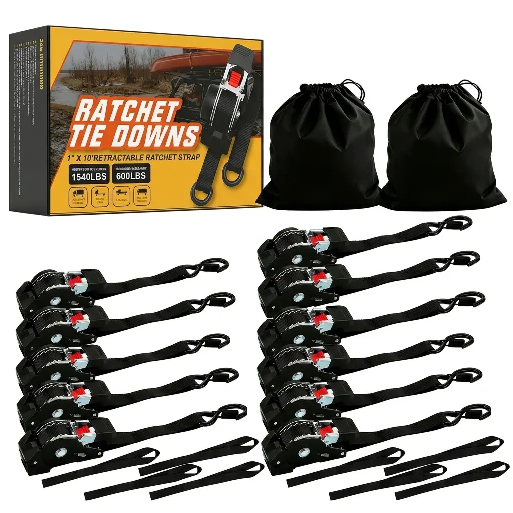 1540lbBreak Strength, Retractable Ratchet Straps (4-Pack) 1" x 10'  Heavy Duty Auto Self Retracting TieDown Straps for Truck, Trailer, Cargo Van, Motorcycle -Orange