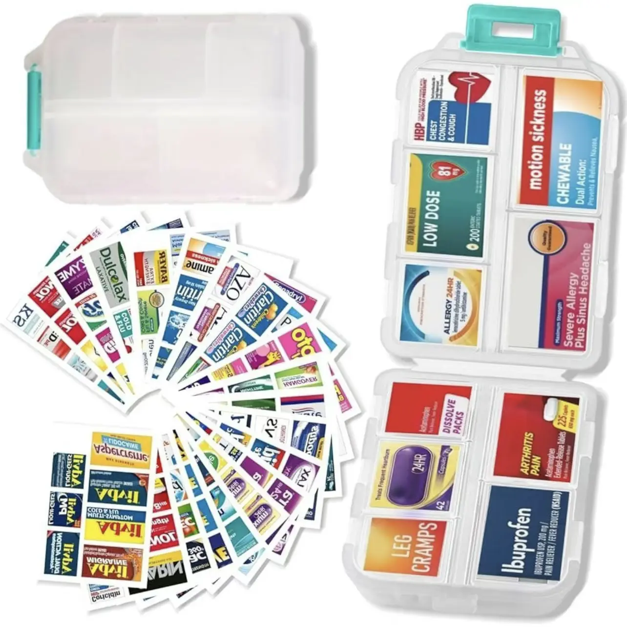 Eco-Friendly Pill Organizer - 10-Compartment Adjustable Foldable Degradable Dustproof Sturdy Heat Resistant Medicine Kit with 147 Brand Labels, Portable Daily Weekly Vitamin Supplement Holder for Pocket Pouch Storage, Collapsible