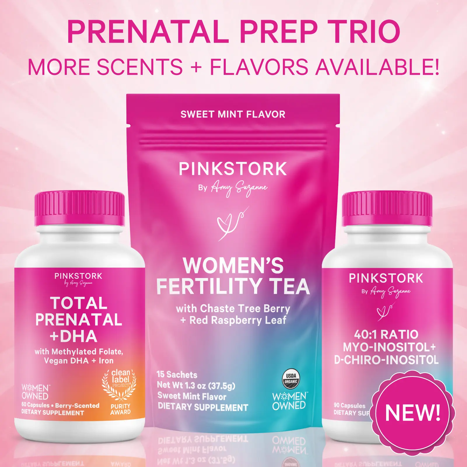 Pink Stork Pregnancy Prep Trio | Fertility + Cycle Support + Prenatal Vitamins for Women TTC | Inositol, Vitex, Methylated Folate, Iron, Hormonal Health Support | USDA Organic Herbs | Clean Label Prenatals for Women