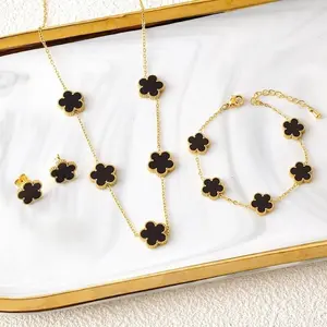 Classic Luxury 4pcs Stainless Steel Bracelet Necklace Earrings Ring Five Leaf Flower Jewelry Set for Women Party Jewelry Clover