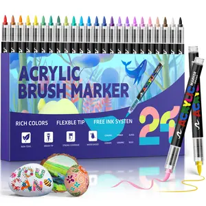 Acrylic Brush Marker Set - 24 Rich Colors Flexible Tip Free Ink System for Rock Ceramic Wood Canvas Plastic Glass Stone DIY Crafts Gift Easter Egg Decorations