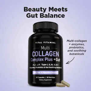 Vital Vitamins Multi Collagen Complex Plus + Gut - 5-Type Collagen with Enzymes, Probiotics & Gut Botanicals for Skin, Hair, Nails & Digestion Support - 90 Capsules