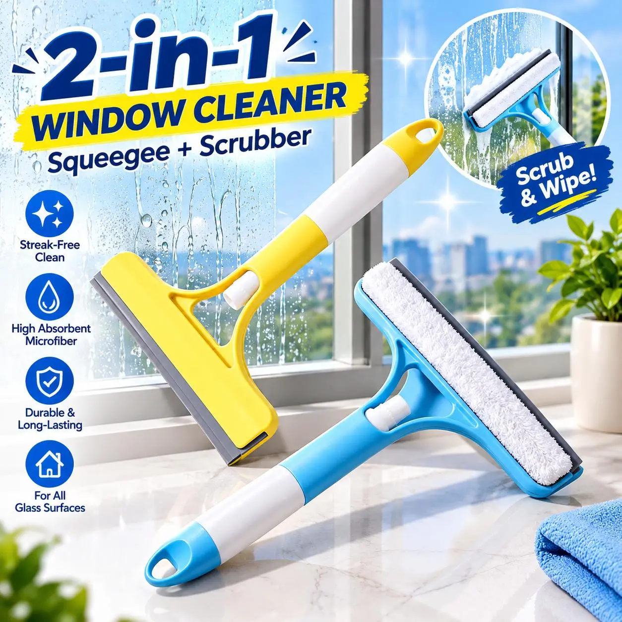 2-Pack 2-in-1 Window Squeegee & Scrubber Kit, Lightweight Home Care Tool with Microfiber Scrubber, Rubber Blade, Smooth Wipe for Windows, Kitchen Surfaces, Mirrors, Ideal Gift for Home Cleaning