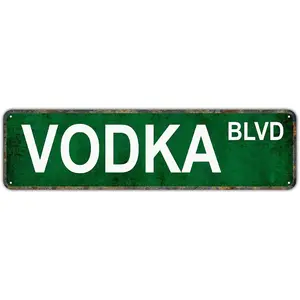 Vodka Blvd Retro Metal Wall Sign - 4x16 Inch Green Street Decor with Vintage Distressed Finish, Perfect for Bar, Yard, Garden, or Home Decor, Wall Hanging Plaque, Garden Wall Art |   Vintage Wall Art |   Durable Metal Sign, Metal Wall Art Decor