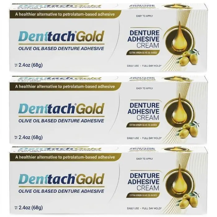 🔥HOT SALE 2026 !  Denttach Gold Denture Adhesive, Petroleum Free Olive Oil Based Premium Denture Adhesive Cream for Full and Partial Dentures, All Day Secure Hold Denture Glue, Zinc Free, 2.4 Ounce (pack of 3)