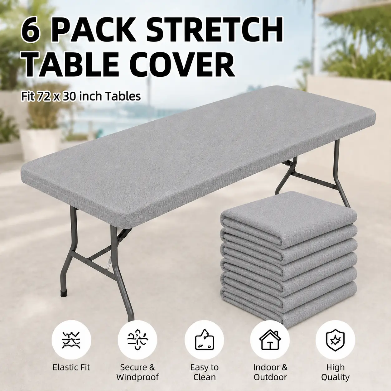 6-Pack Stretch Polyester Rectangle Table Covers for 6ft (30x72in) Tables - Polyester Fits, Easy to Clean, Stretch Cover for Ceremony, Baby Shower, Indoor-Outdoor Party Home Supplies