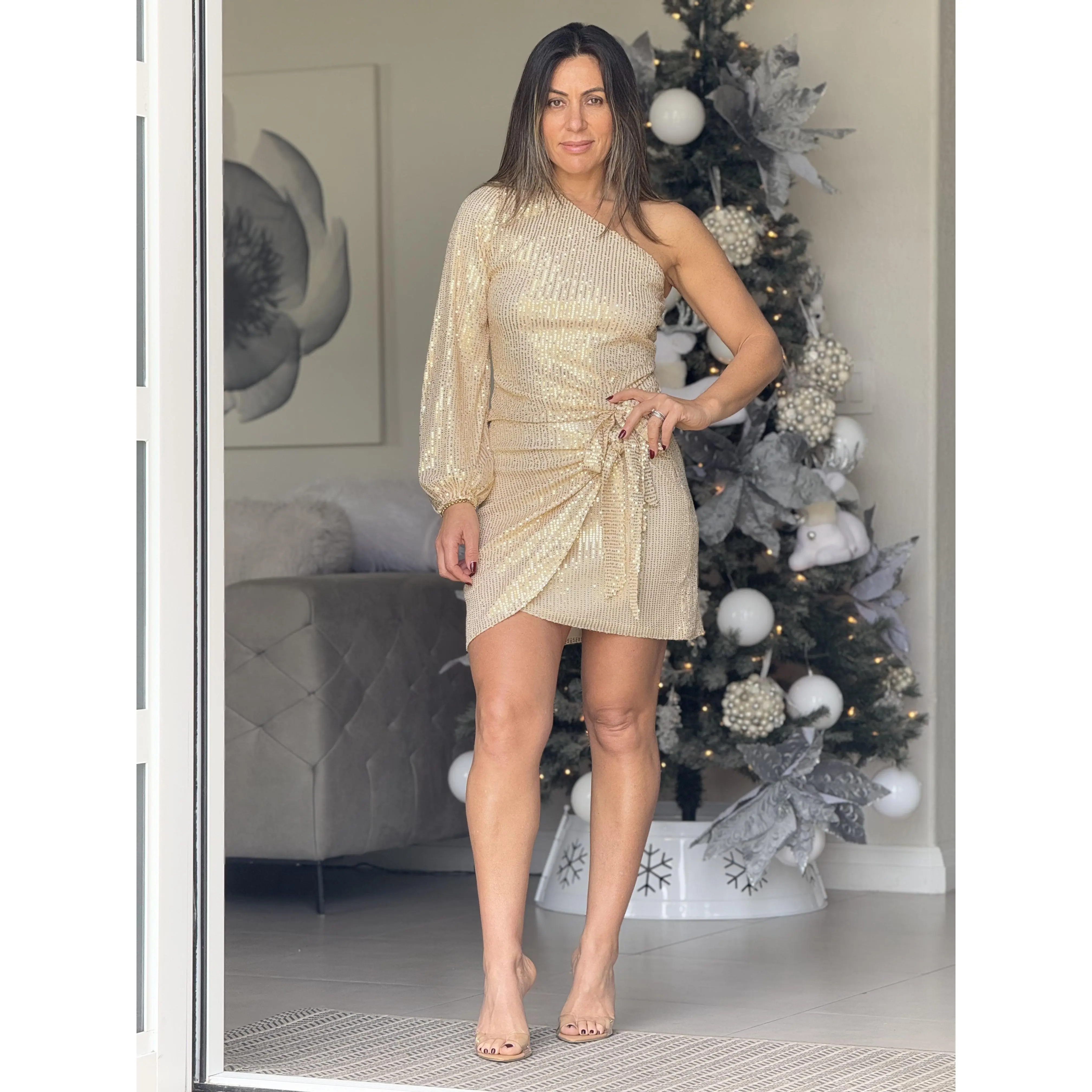 "Alondra" Sequins Long Sleeve Crop Top And Mini Skirt Set