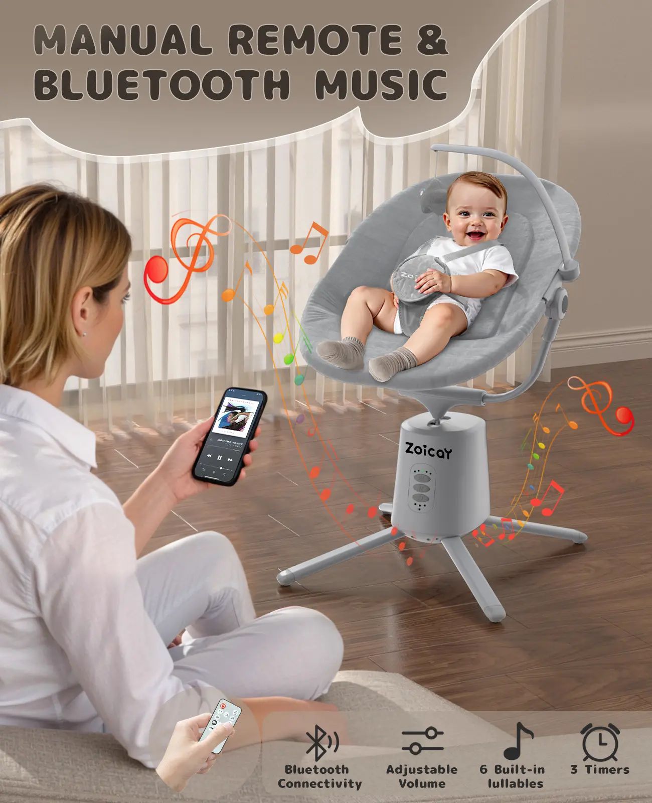ZOICAY Aurora Electric Baby Swing - Plain Unisex Infant Rocker, Adjustable Seat, Multi-Modes, 5 Speeds, Bluetooth App, Remote Control, Timer, Polyester Construction