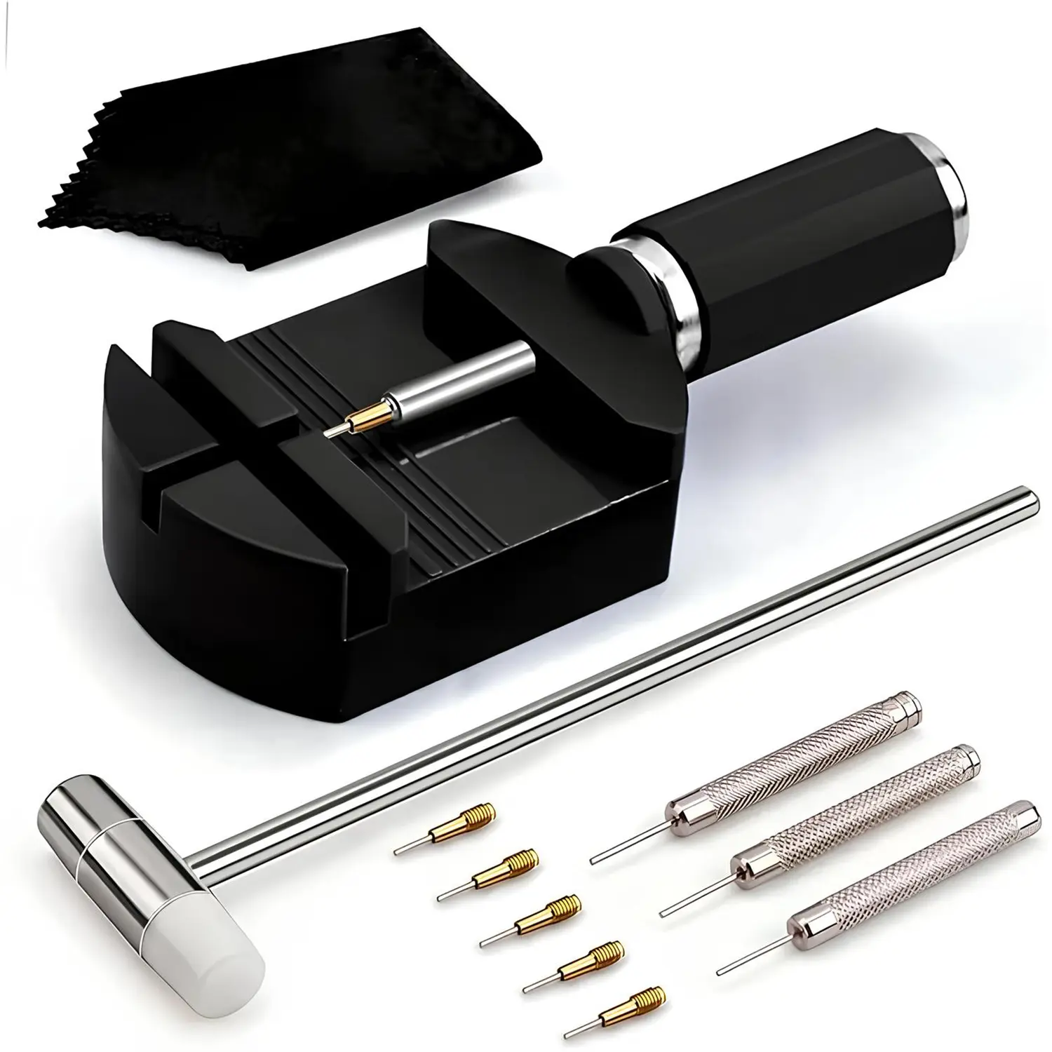 Watch Link Removal Kit, Professional Watch Strap Adjustment Tool Set with Hammer, Pin Punches, Extra Pins & Cleaning Cloth, Resizing Tool for Bracelet Adjustment & Replacement, Metal Watch Bracelet Resizing and Repair