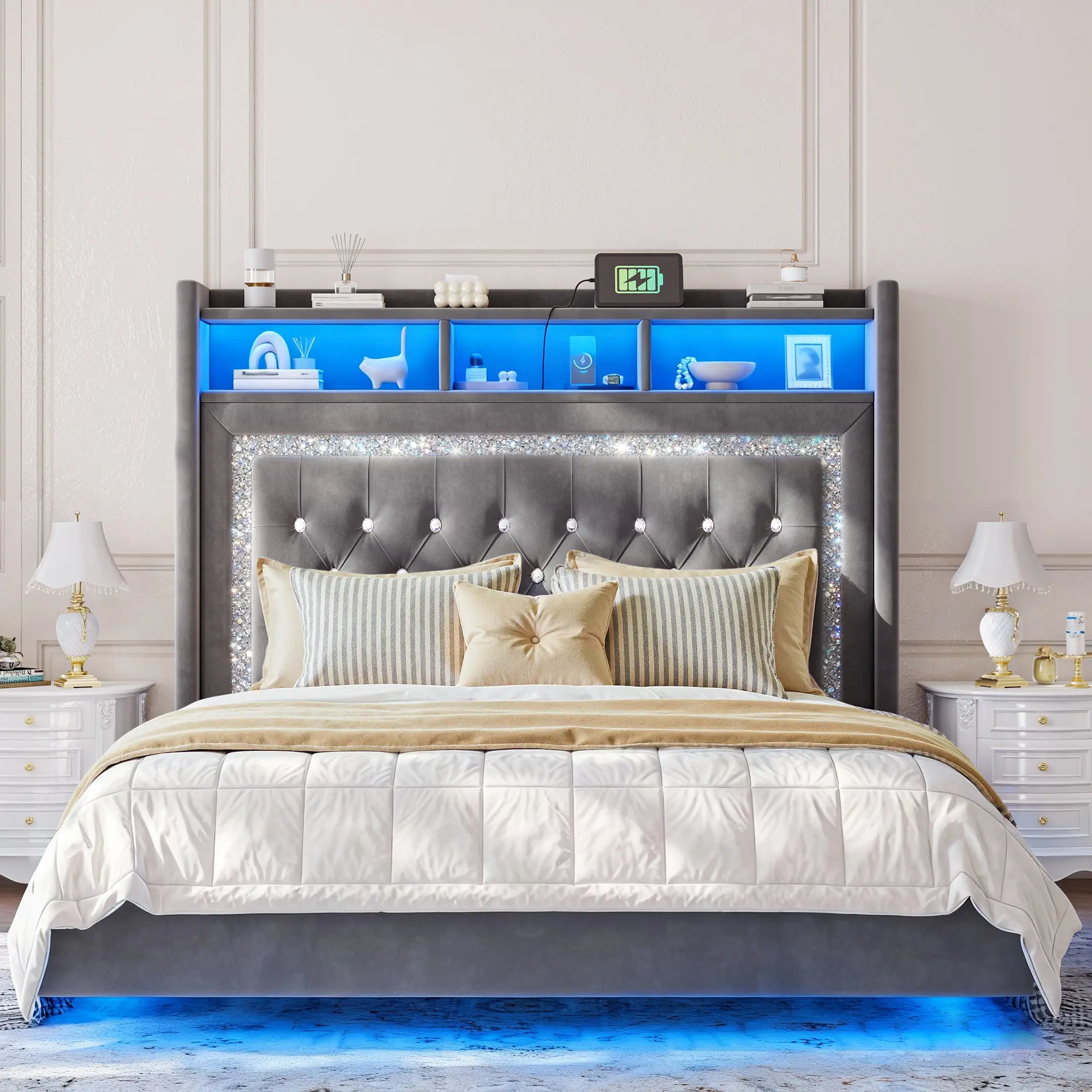 Raybee 54.5" Tall  Luxury Queen Size Bed Frame with Dual LED Lights & Charging Station, 【No Mattress】Princess Upholdstered Floating Platform Bed Frame with Tall headboard & Storage Shelf, 900 Capacity with Metal Slats No Noise