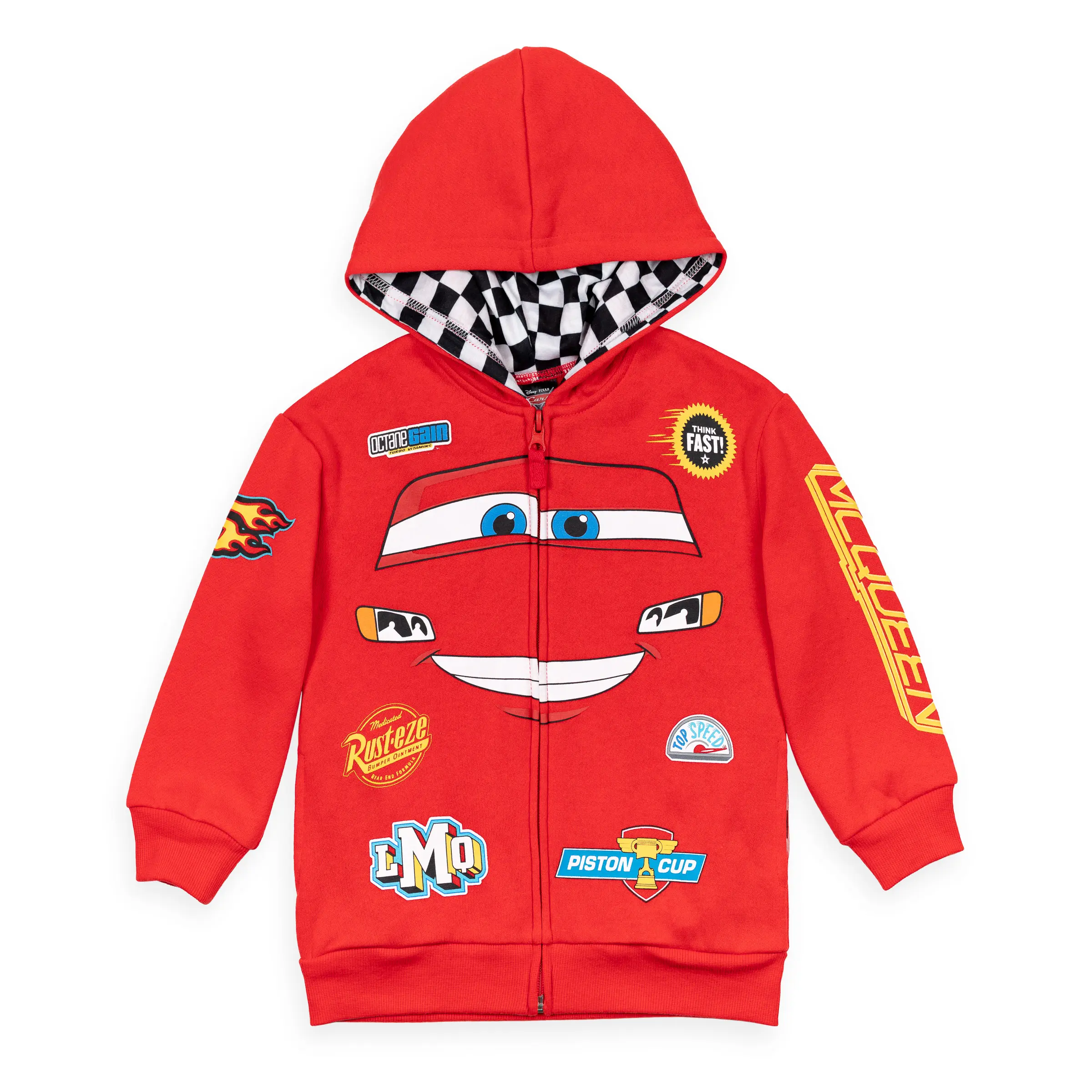 Disney Cars Lightning McQueen Boys' Fleece Racing Jacket, Zip-Up Hoodie with Checkerboard Hood, Toddler to Big Kid, Cars Movie, 260 Gsm Cotton-Blend Fleece, 3T