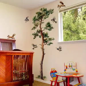 Tree Bird Wall Sticker, Jungle Forest Pine Tree Animal Landscaping, Suitable for Bedroom Living Room Dining Room Home Decor