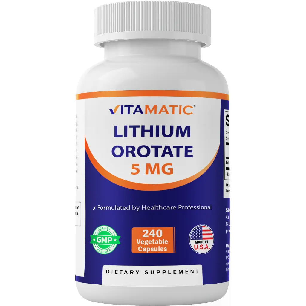 Vitamatic Lithium Orotate 5mg Unflavored Vegetarian Easy-to-Swallow Capsules - US-Made Dietary Mineral Supplement for Adults, 240 Ct, 24-Month Shelf Life, Non-GMO, Gluten-Free