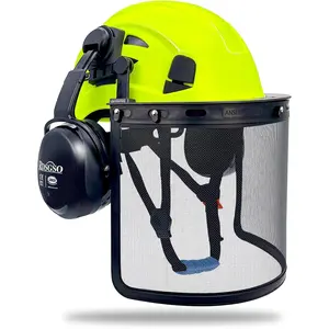 Chainsaw Safety Hard Hat with Mesh Face Shield, Ear Muffs, 1.9lb Lightweight Breathable 6-Point Suspension, Impact-Resistant ABS All-Seasons Head Protection, Adjustable Fit for Logging, Landscaping, Impact Abs