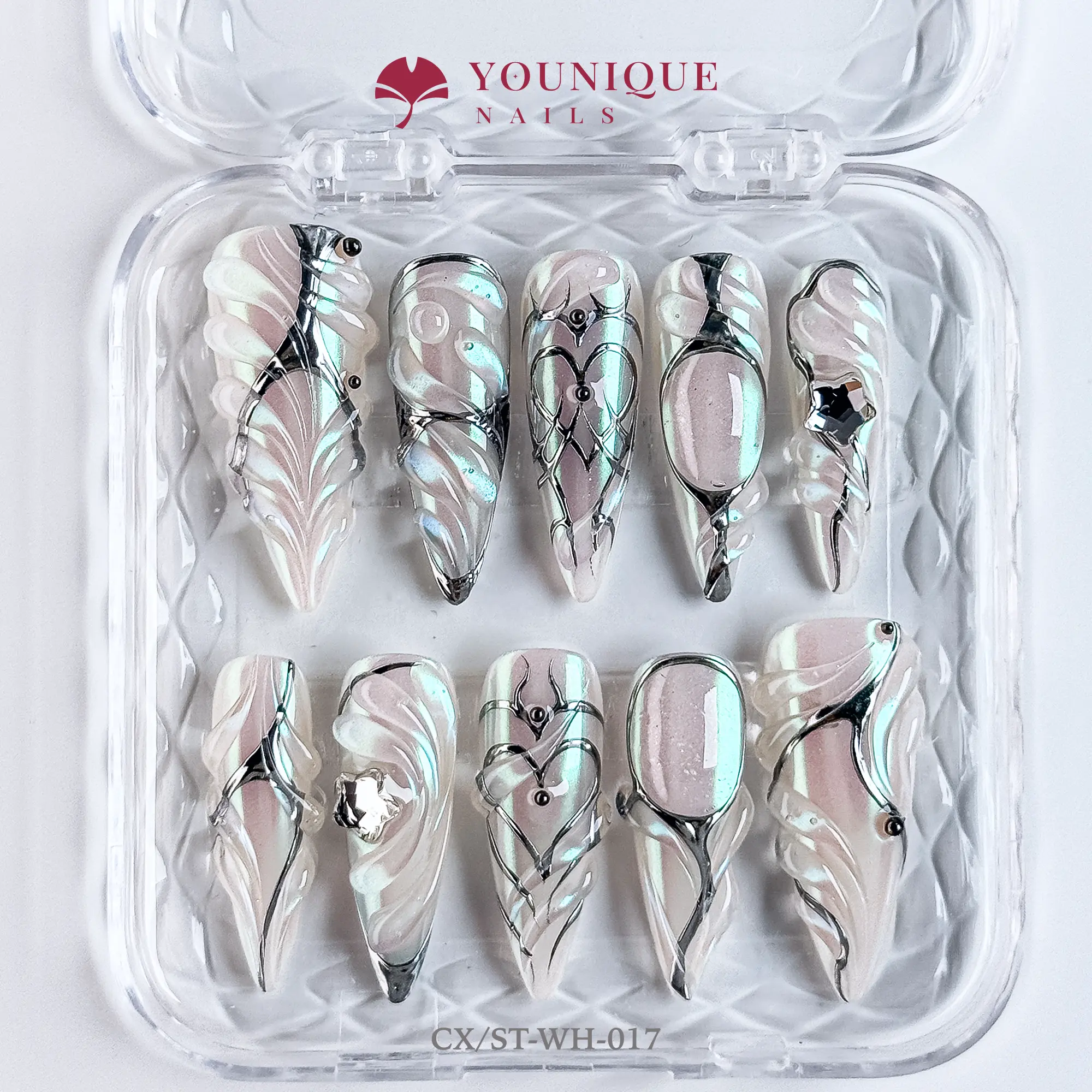 Younique Nails | CX Studio | Silver Mirage | 10PCS 100% Handmade Press-On Nails | Reusable Colorful Art