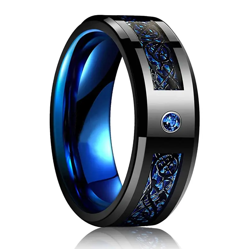Men's 8mm Round Red Groove Beveled Edge Anti-Rust Coat Stainless Steel Celtic Dragon Zircon Ring - Cubic Zirconia Inlay, Carbon Fibre Band, All Seasons Fashion Accessory, Anniversary Alternative Wedding Ring