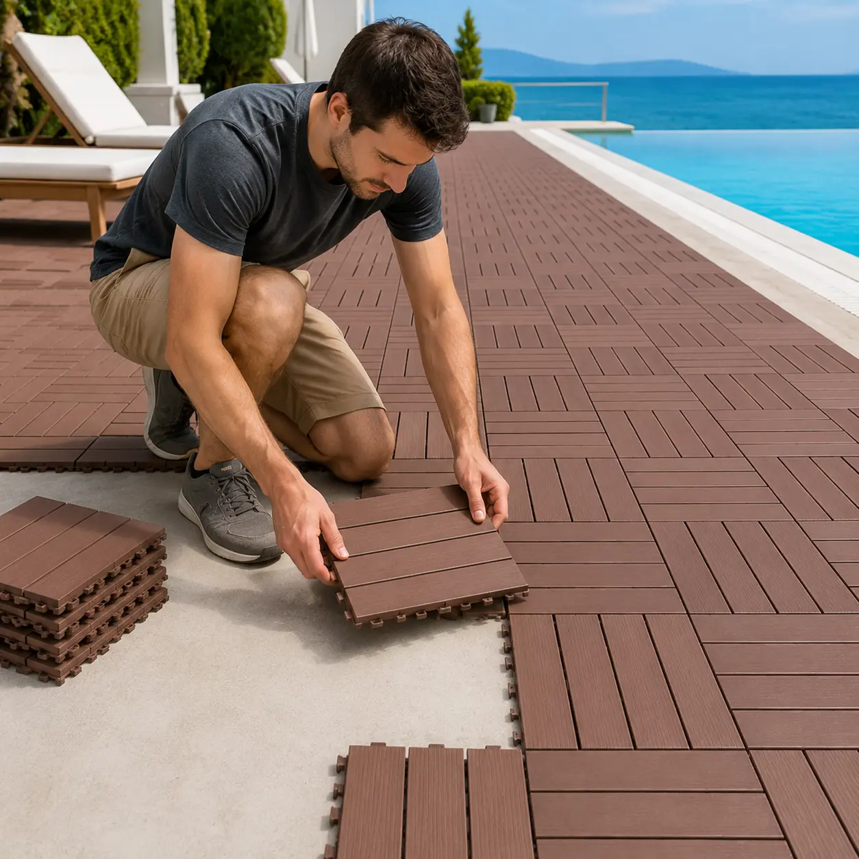 44 Pcs Interlocking Deck Tiles Easy Quick Installation Easy to Install Easy to Clean Suitable for Porch Poolside Outdoor Indoor Balcony Backyard Flooring