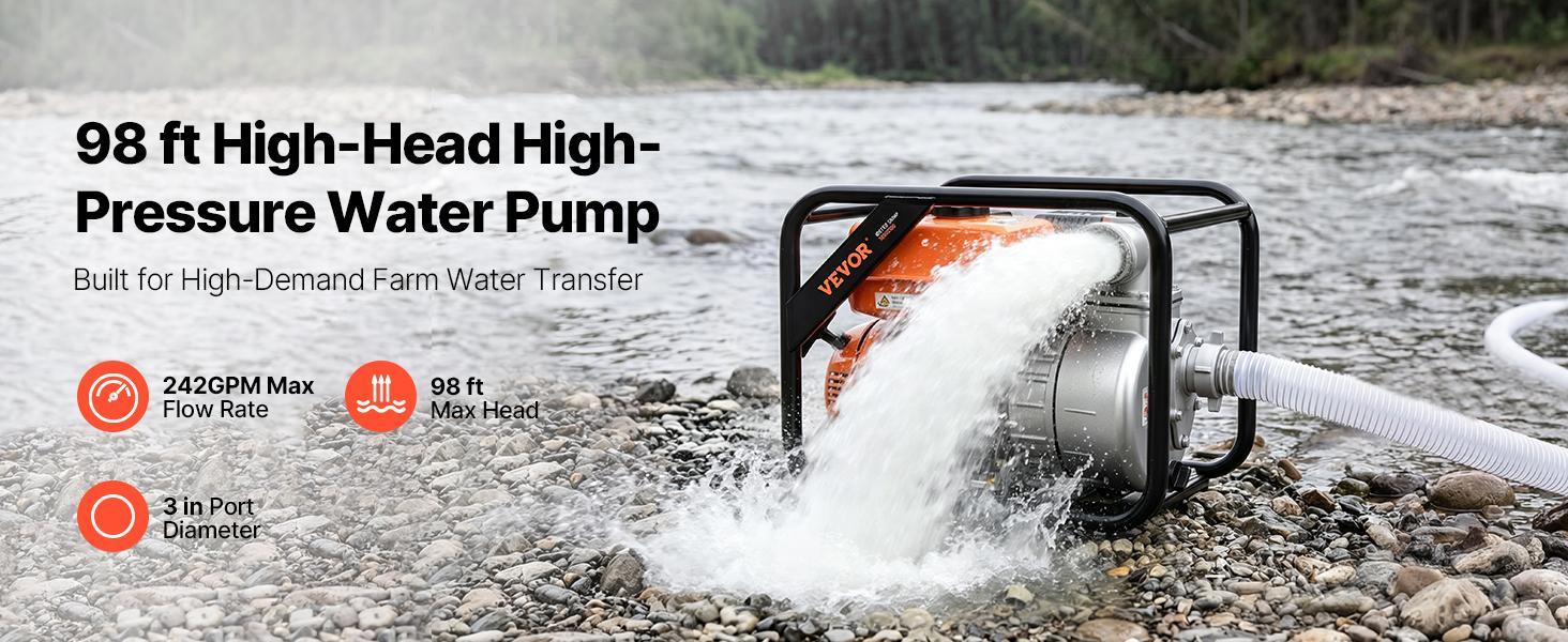 【BackToSchool】VEVOR 7HP Gas-Powered High Capacity Pond Pump, 3 in Semi Trash Water Transfer Pump, 242 GPM Portable Gasoline Engine, 25 ft Discharge Hose, Heavy Duty Frame Stand, Cast Iron Impeller, Aluminum Alloy Body, for Outdoor Farm Irrigation, Floodwa