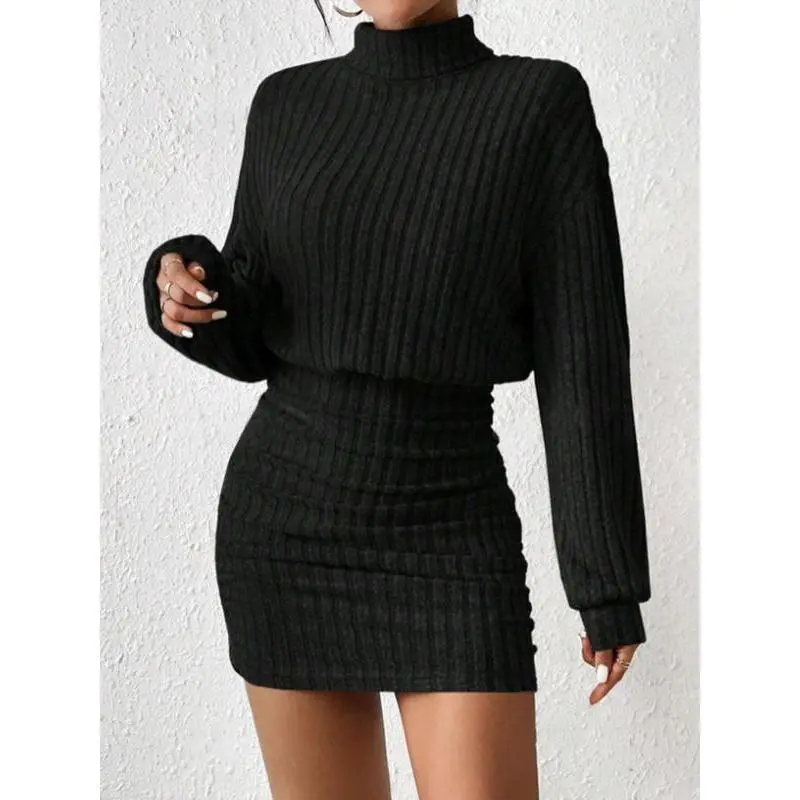 Women's Plain Drop Shoulder Turtleneck Ribbed Dress, Elegant Long Sleeve Short Dress for Fall & Winter, Women's Clothing for Daily Wear
