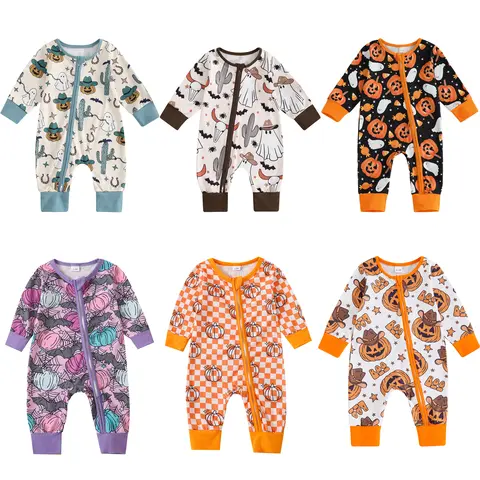REDWOON Halloween Baby Boy Girl Clothes Pumpkin Ghost Long Sleeve Romper Zipper Onesie Jumpsuit Footless Playsuit Fall Outfits