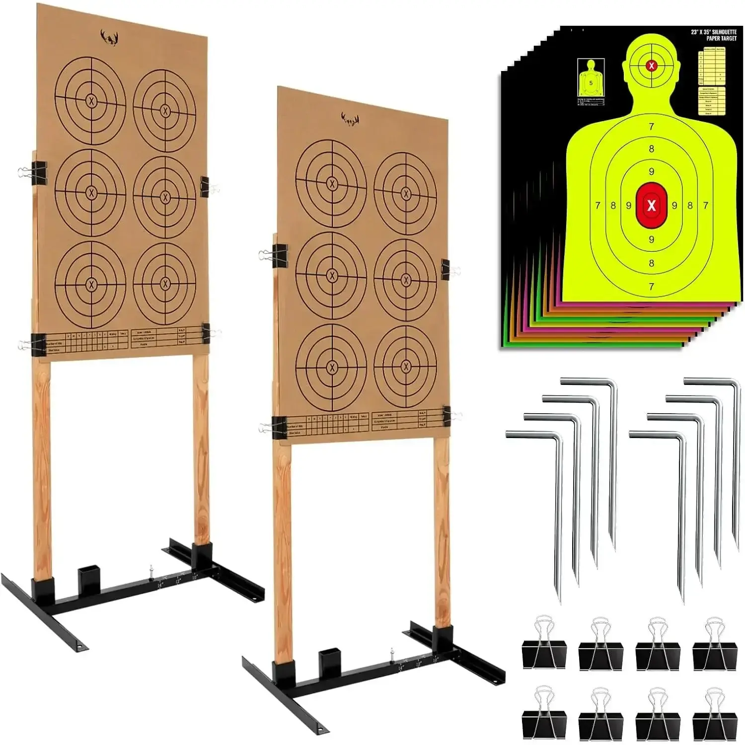 Dual-Pack Width-Adjustable Steel Freestanding Target Stand Base, 1x2 in Wooden Supports, H-Shape Setup, 8 Ground Nails, Durable Rust-Proof Finish, Mounting Hardware for Paper Shooting Silhouettes, Backyard & Outdoor Range Practice, Easy Assembly