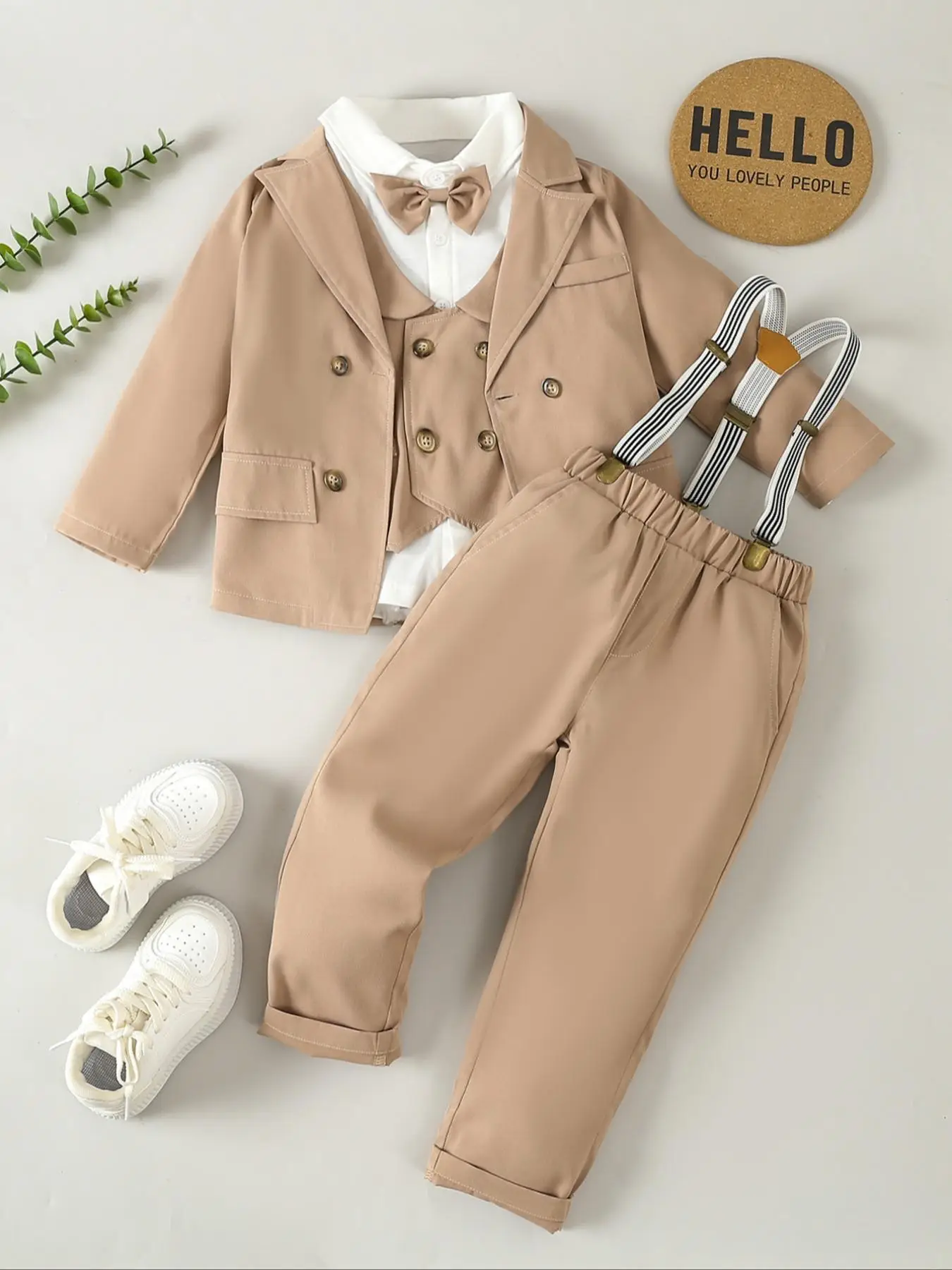 Boy's Solid Button Front Blazer & Vest & Pocket Suspender Pants & Bow Tie Shirt Set, Formal Dressy Fake Pocket Decor Outfits for Party Performance Wed