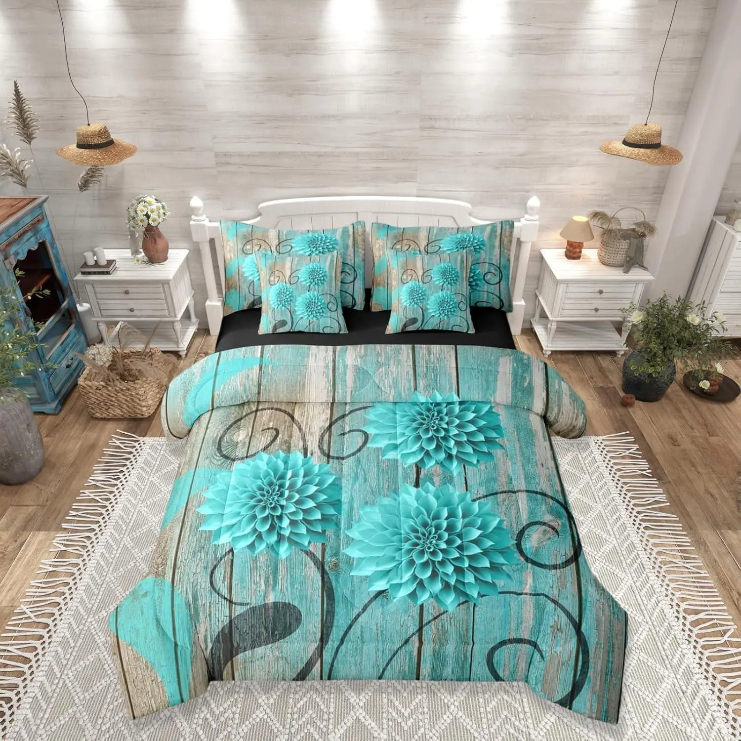 Feelyou 7-Piece Decorative Microfiber Bedding Set - Breathable Soft Turquoise Teal Boho Rustic Abstract Dahlia & Daisy Floral Comforter, Luxe Sheet Set, Multi-Size Option, Decorative Bedding Set