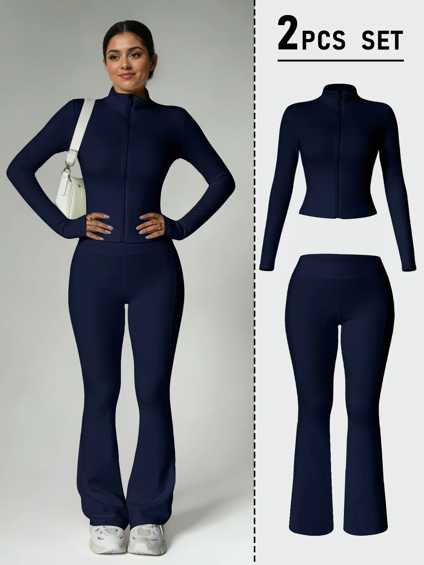 Women's Fashion Two-Piece Sports Suit Set, Slim Fit Long Sleeve Thumb Hole Cuffs, Zipper Front Jacket Style, High Waist Flare Pants, Spring & Fall Everyday Wear, Sport Casual Outfit, Athleisure Tracksuit Sets, Casual Sporty Set
