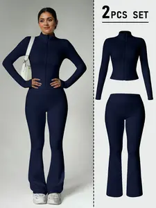 Women's Fashion Two-Piece Set, Slim Fit Long Sleeve Thumb Hole Cuffs, Jacket Style Zipper Front, High Waist Flared Pants, All Seasons
