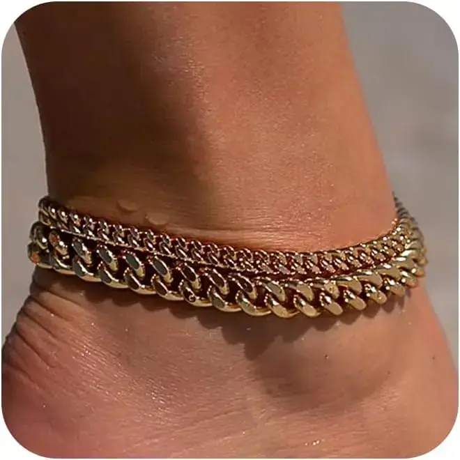 Virelyn B Women's Chunky Cuban Link Anklet Set, Waterproof Layered Anklet for Female Wear, Adjustable Size 8.5+2 in Fashionable Jewelry Gift