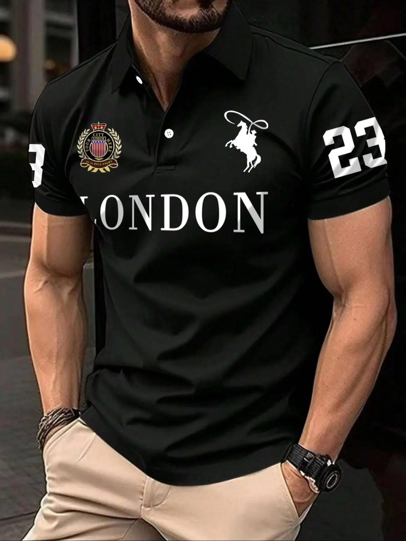 Men's Classic Fitted Polo Shirt with Graphic Knight Print, Casual Style, Short Sleeve, Round Neck, Perfect for Daily Wear & Outdoor Activities