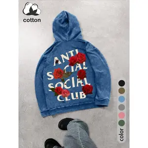 Street life men's graphic print long-sleeved hooded sweatshirt, cotton washed and distressed with pockets loose sports hoodie