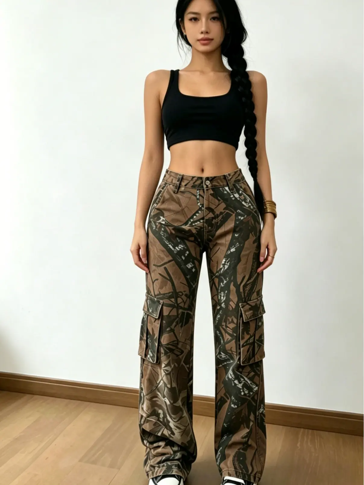 Women's Oversized Camouflage Cargo Pants - Baggy Casual Loose Style Womenswear Bottoms with Multiple Pockets, Distinctive Design, Trendy Silhouette
