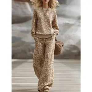 Light brown women’s leopard-print set, loose fit, 100% polyester knit fabric, casual for autumn and winter, perfect for daily outings and social occasions GARMENTARY