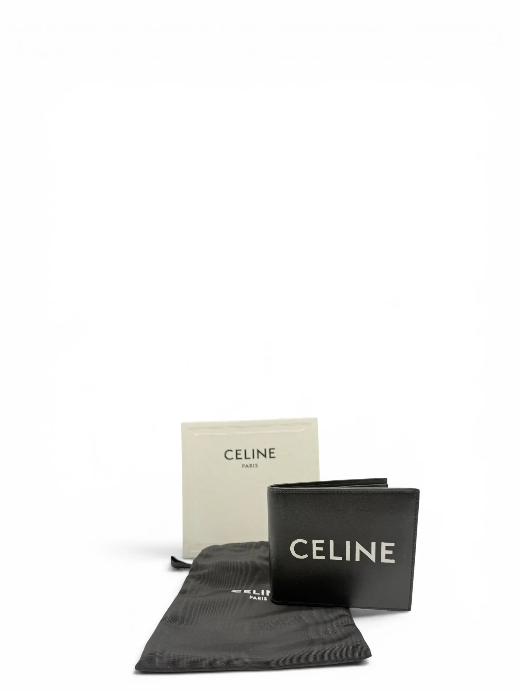 Pre-owned Celine CALFSKIN LEATHER Small Leather Goods BLACK MEN BI FOLD WALLET IN SMOOTH WITH A PRINTED LOGO