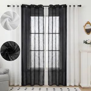 8 Piece Combo Set:4 Beaded Faux Linen Curtains & 4 bamboo gauze Thick Faux Linen Sheer Curtains, 34x84 Inch Grommet Top Curtain Mixed Texture Window Drapes for Home Decoration FT2930 L12