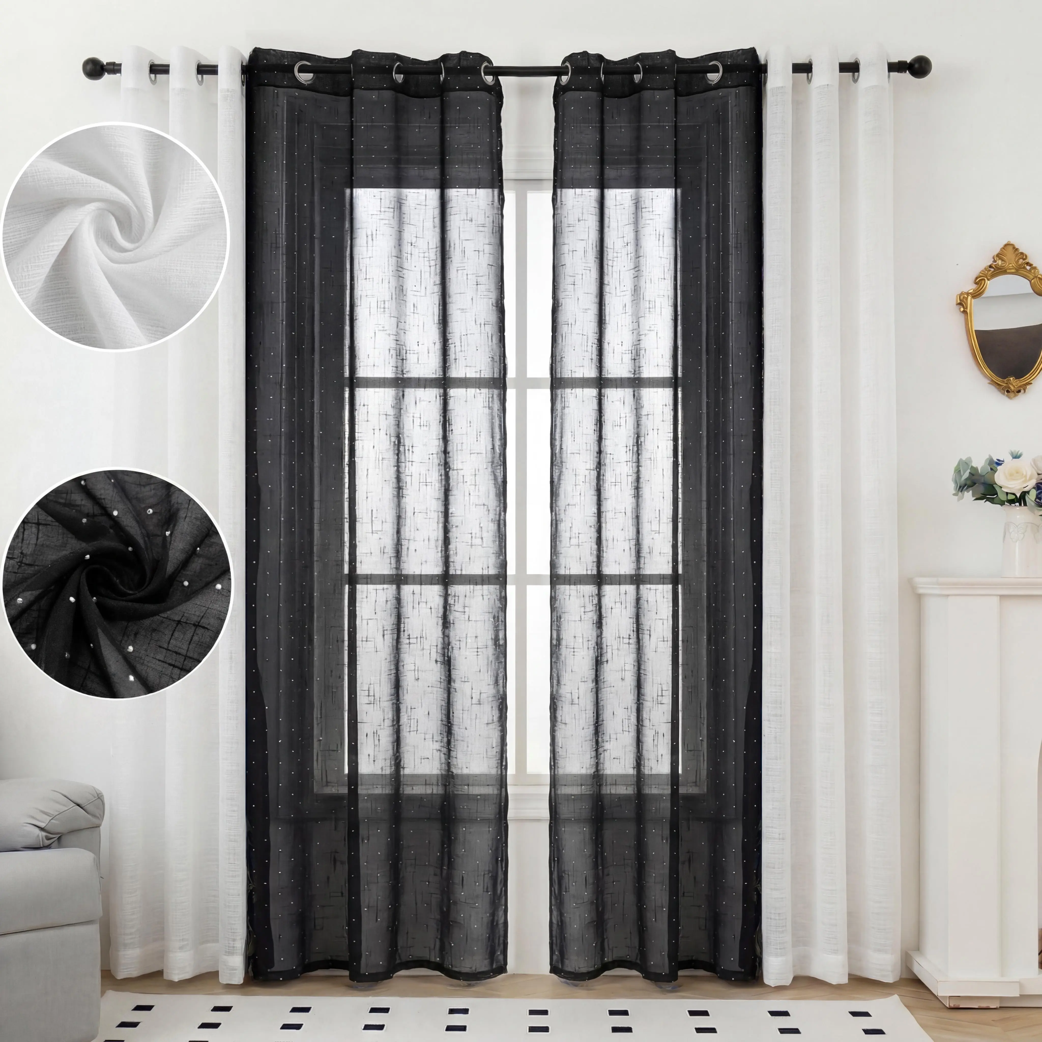 8 Piece Combo Set:4 Beaded Faux Linen Curtains & 4 bamboo gauze Thick Faux Linen Sheer Curtains, 34x84 Inch Grommet Top Curtain Mixed Texture Window Drapes for Home Decoration FT2930 L12