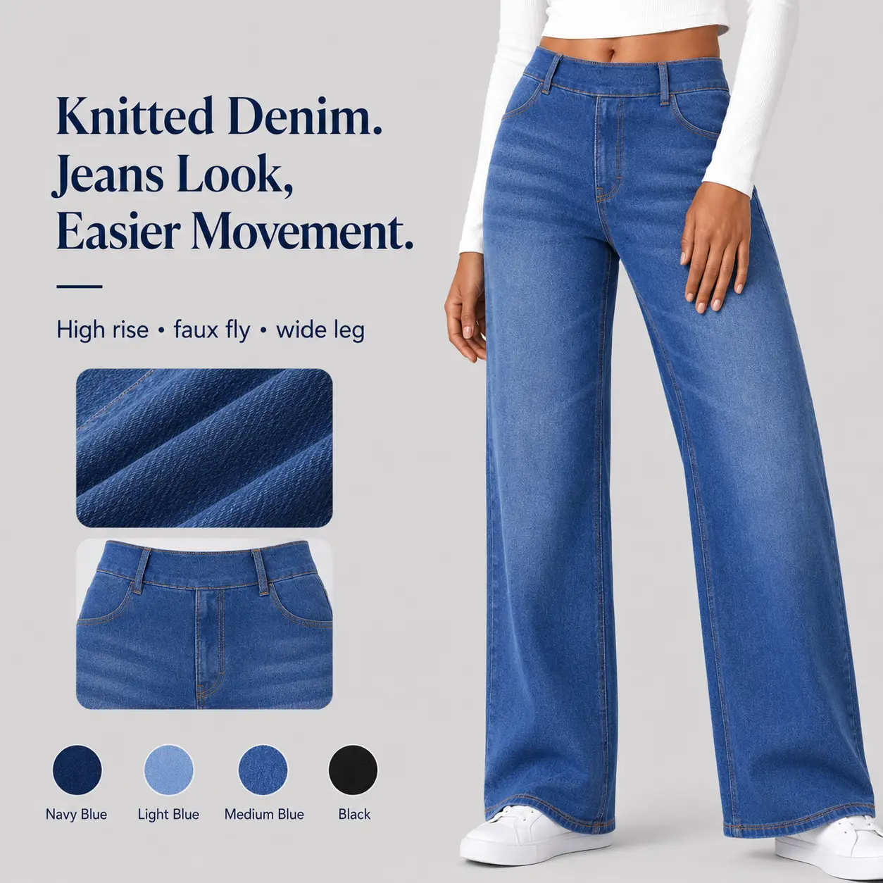 DLOODA Women's Casual High-Waist Wide-Leg Pants in Stretchy, Wrinkle-Resist Denim with Multi-Pockets for All Seasons, Wide-Leg Cut, Jean Pants, Stretchy Denim, 4-Season Daily Outfits, Basic, High Waisted Jeans