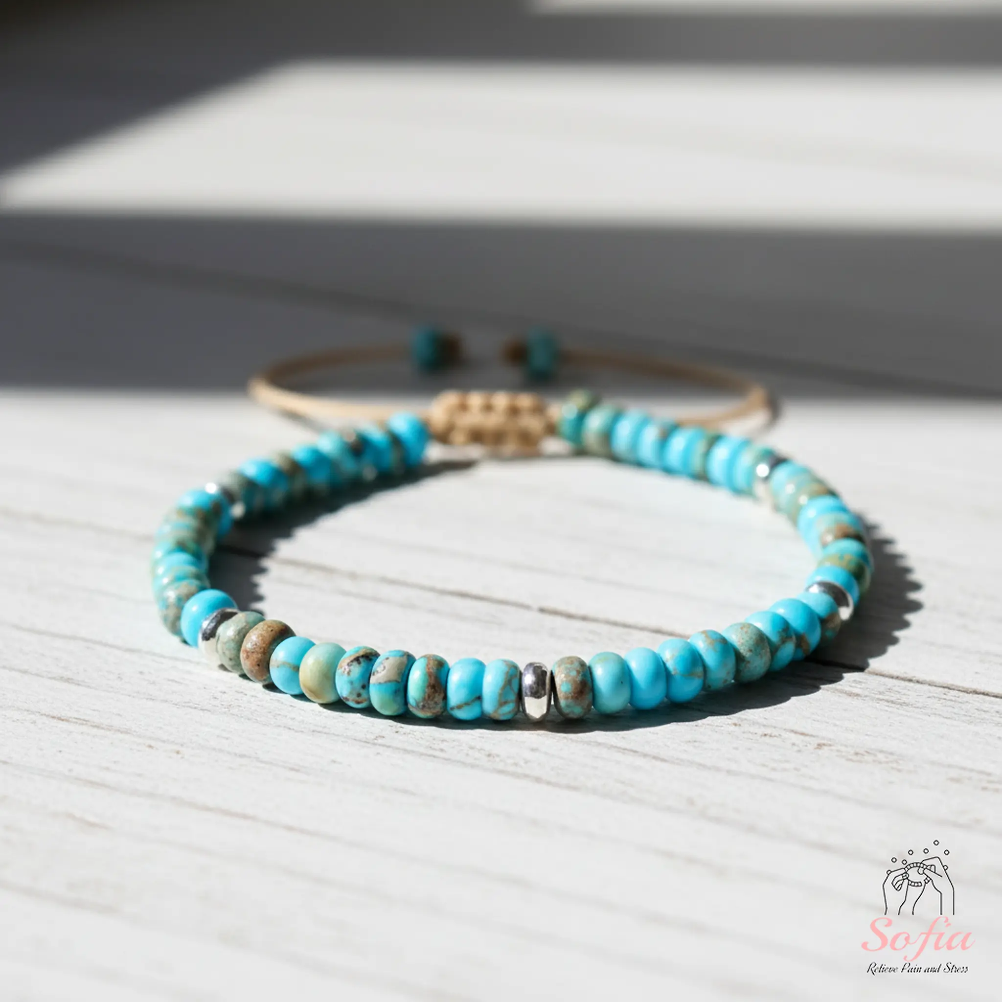 Sofia Natural Turquoise Rondelle Beaded Bracelet, Healing Crystal Jewelry, Boho Handmade Minimalist Braided Adjustable (6-7.5 in Wrist) Natural Crystal Bracelet Gift for Her