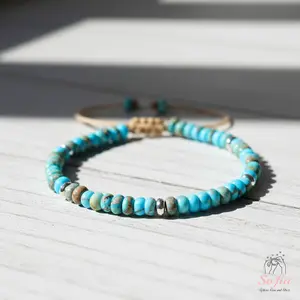 Sofia Natural Turquoise Stone Bracelet Healing Crystal Rondelle Gemstone Braided Dainty Handmade Minimalist Style Adjustable for 6-7.5 Inches Wrist Gift for Her Him