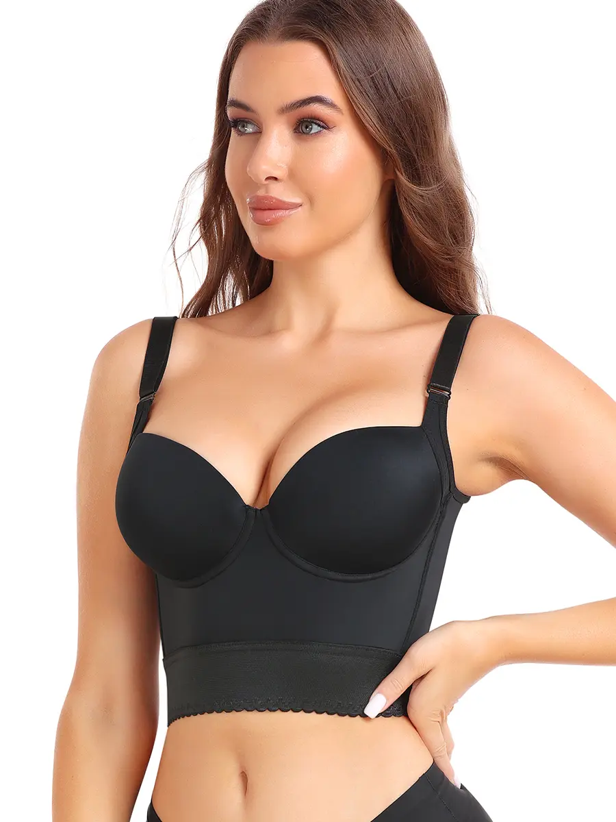 High support, gathered, complementary breast, body shaping vest style, back shaping bra