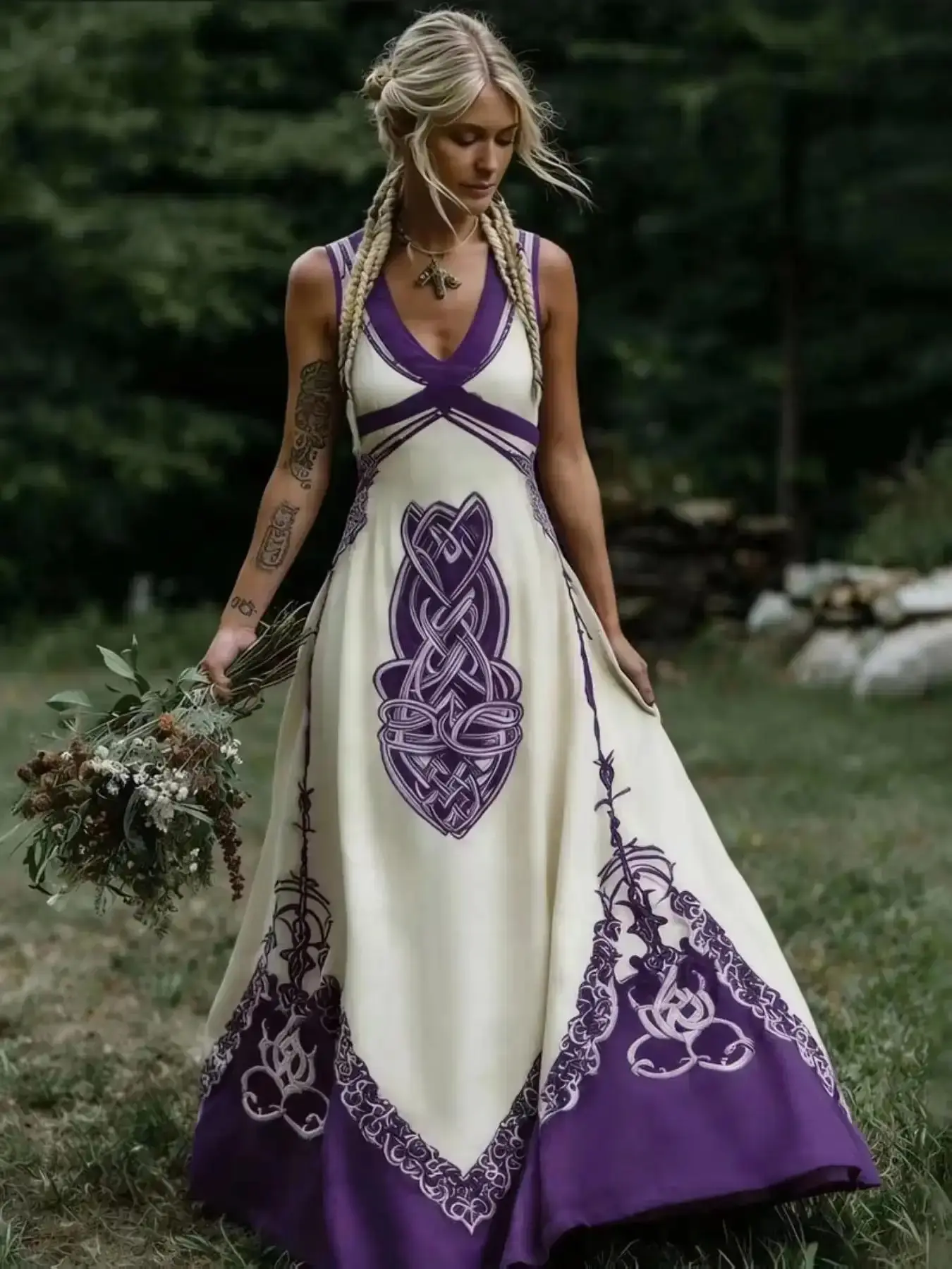 Vintage Celtic Knot Long Dress Bohemian Boho Sleeveless V Neck Gown Loose-Fitting All over Print Larp Renaissance Festival Womenswear summer staple easy care timeless piece party essential seasonal musthave