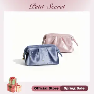 Petit Secret Luxury Velvet Star Cosmetic Bag for Women - Large Capacity Travel Toiletry Pouch with Lipstick Slots, Elegant Makeup Organizer for Daily & Travel Use, Chic Blue/Pink Cosmetic Case