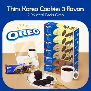 【6Packs/1 Pack】Oreo Thins Korea Limited Edition 2.96OZ per Pack- Thin Vanilla Sandwich Cookies Choco Mousse Cookies Nabisco Thins Tiramisu Cookies 3 flavors Crunchy Snack Biscuit
