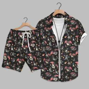 Charizard Charmander Inspired Hawaiian Shirt, Anime Style Aloha Shirt, Summer Vacation Beach Outfit, Fire Dragon Evolution Tropical Shirt