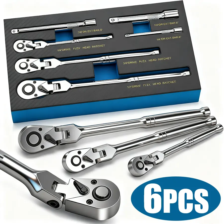 【TikTokShopBlackFriday】6-PieceFlex Head Ratchet Set, 1/4", 3/8",1/2" Drive,Swivel Head Ratchet Wrench with Extension Bar72 Tooth,180°Adjustable, Quick-ReleaseFlexible Ratchet Handle with EVA Foamwrenches torgue wrench flex head